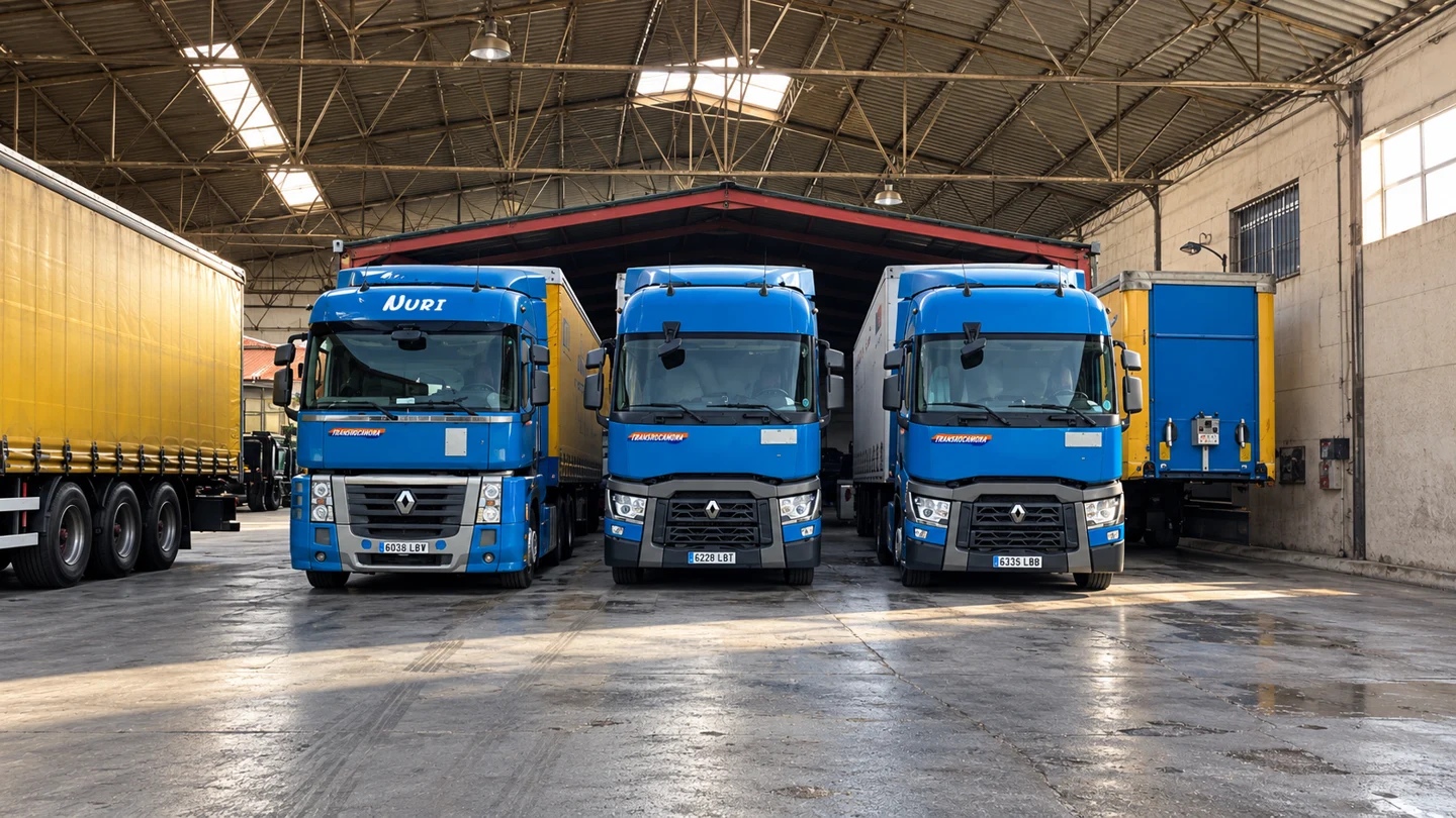 Tres camiones azules en una nave